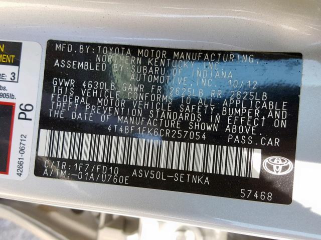 4T4BF1FK6CR257054 - 2012 TOYOTA CAMRY BASE SILVER photo 10