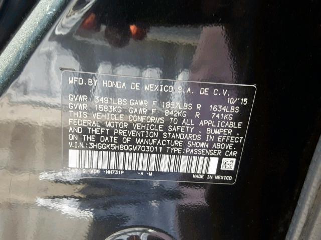 3HGGK5H80GM703011 - 2016 HONDA FIT EX BLACK photo 10