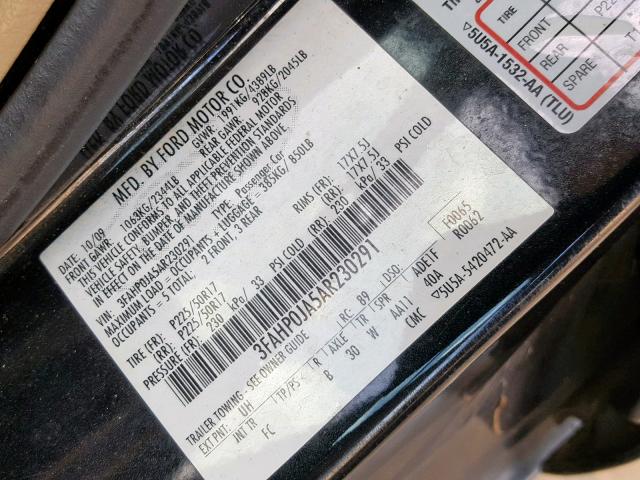 3FAHP0JA5AR230291 - 2010 FORD FUSION SEL BLACK photo 10