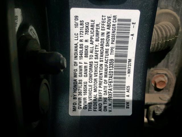 19XFA1F67AE013359 - 2010 HONDA CIVIC LX-S رمادي صورة 10