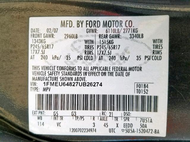 1FMEU64827UB26274 - 2007 FORD EXPLORER E CHARCOAL photo 10