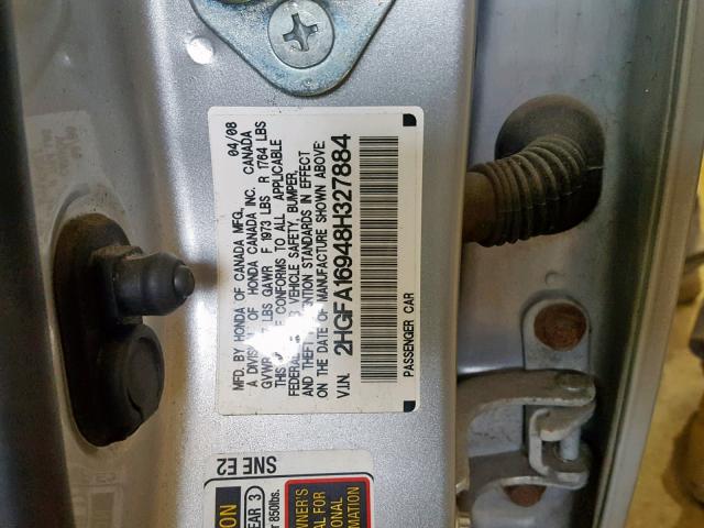 2HGFA16948H327884 - 2008 HONDA CIVIC EXL 银色 照片 10