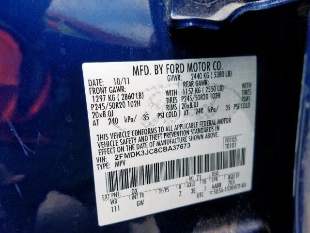 2FMDK3JC8CBA37673 - 2012 FORD EDGE SEL BLUE photo 10