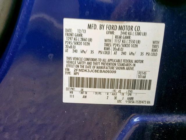 2FMDK3JC8EBA09309 - 2014 FORD EDGE SEL BLUE photo 10