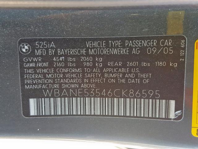 WBANE53546CK86595 - 2006 BMW 525 I GRAY photo 10