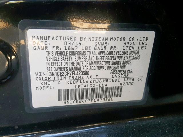 3N1CE2CP7FL423580 - 2015 NISSAN VERSA NOTE BLACK photo 10