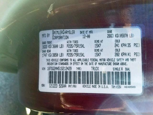 1B7GG2AN51S212429 - 2001 DODGE DAKOTA QUA MAROON photo 10