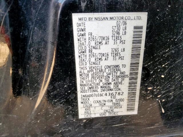 1N6AD07U16C436782 - 2006 NISSAN FRONTIER C BLACK photo 10