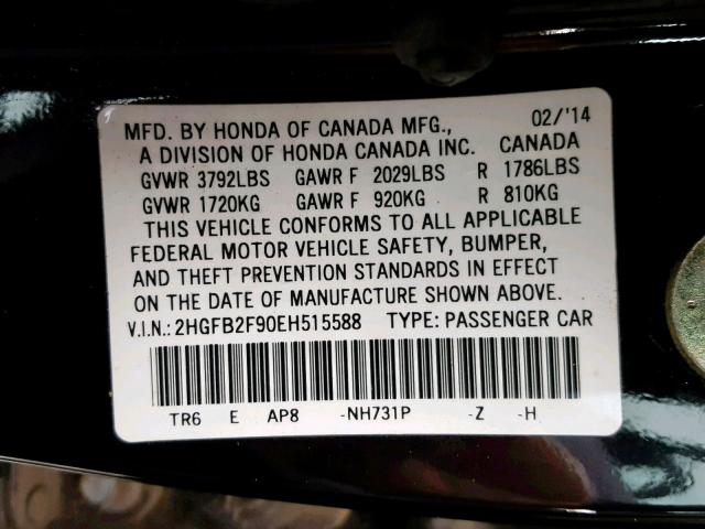 2HGFB2F90EH515588 - 2014 HONDA CIVIC EXL 黑色 照片 10