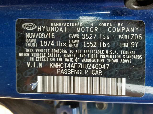 KMHCT4AE7HU246047 - 2017 HYUNDAI ACCENT SE BLUE photo 10