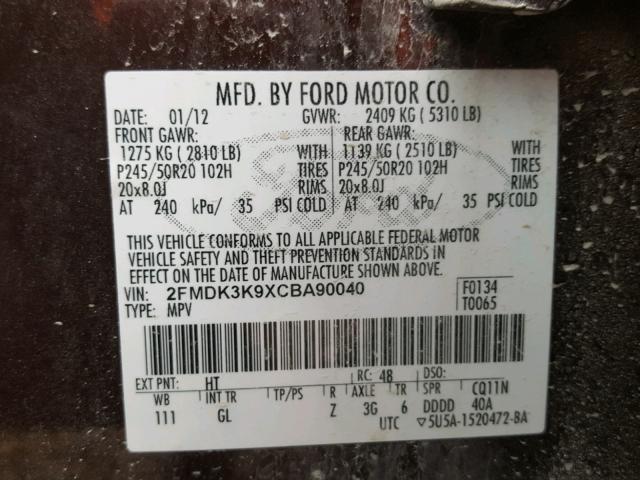 2FMDK3K9XCBA90040 - 2012 FORD EDGE LIMIT MAROON photo 10