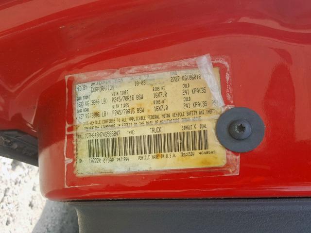 1D7HG48N74S586847 - 2004 DODGE DAKOTA QUA RED photo 10