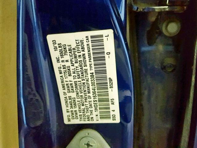 1HGES16364L003384 - 2004 HONDA CIVIC DX V BLUE photo 10