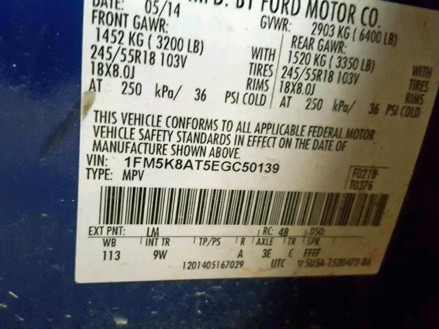 1FM5K8AT5EGC50139 - 2014 FORD EXPLORER P BLUE photo 10