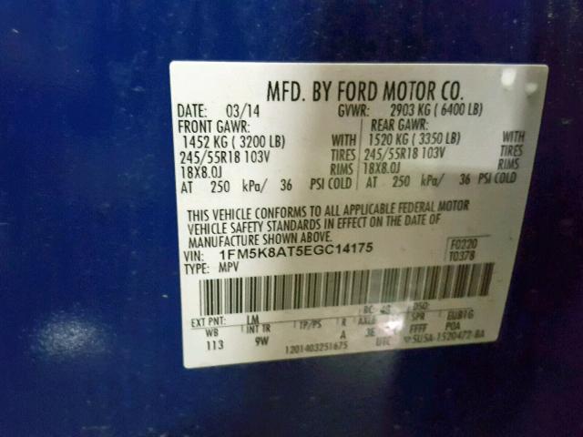 1FM5K8AT5EGC14175 - 2014 FORD EXPLORER P BLUE photo 10