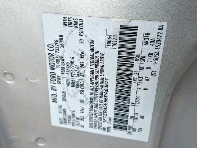 1FTZR45E56PA63877 - 2006 FORD RANGER SUP SILVER photo 10