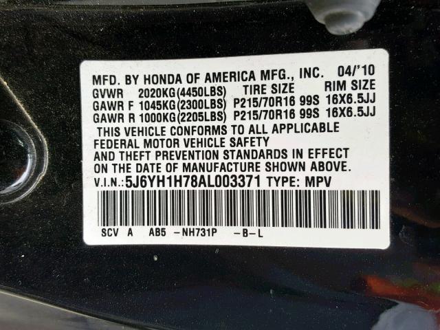 5J6YH1H78AL003371 - 2010 HONDA ELEMENT EX BLACK photo 10