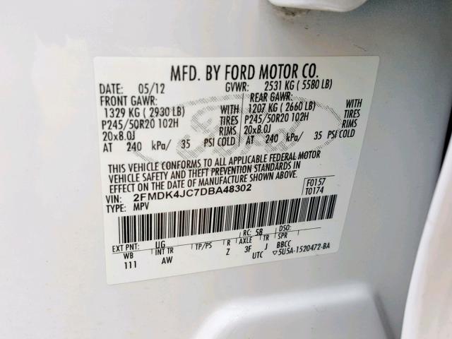 2FMDK4JC7DBA48302 - 2013 FORD EDGE SEL WHITE photo 10