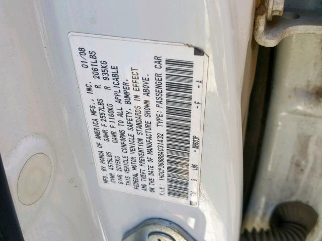 1HGCP36888A031432 - 2008 HONDA ACCORD EXL WHITE photo 10