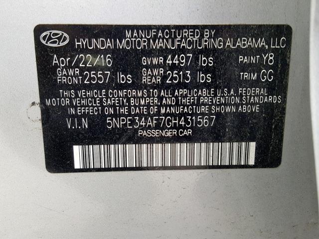 5NPE34AF7GH431567 - 2016 HYUNDAI SONATA SPO SILVER photo 10