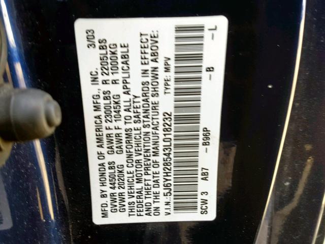 5J6YH28543L018232 - 2003 HONDA ELEMENT EX BLUE photo 10