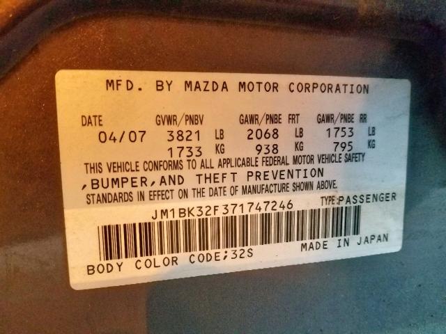 JM1BK32F371747246 - 2007 MAZDA 3 I GRAY photo 10