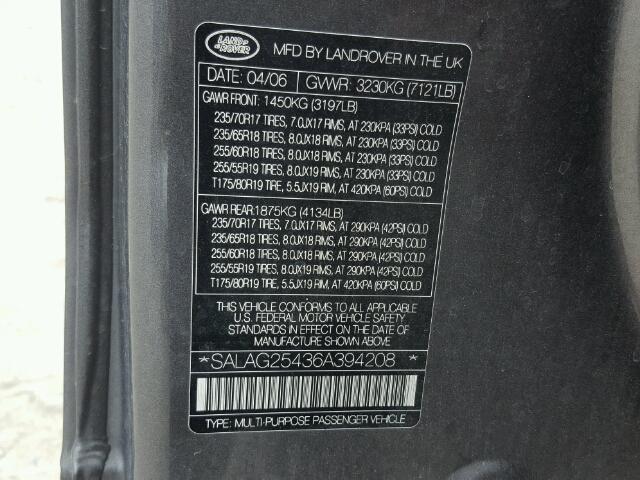 SALAG25436A394208 - 2006 LAND ROVER LR3 HSE CHARCOAL photo 10
