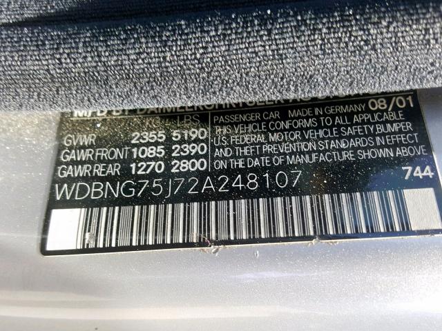 WDBNG75J72A248107 - 2002 MERCEDES-BENZ S 500 SILVER photo 10