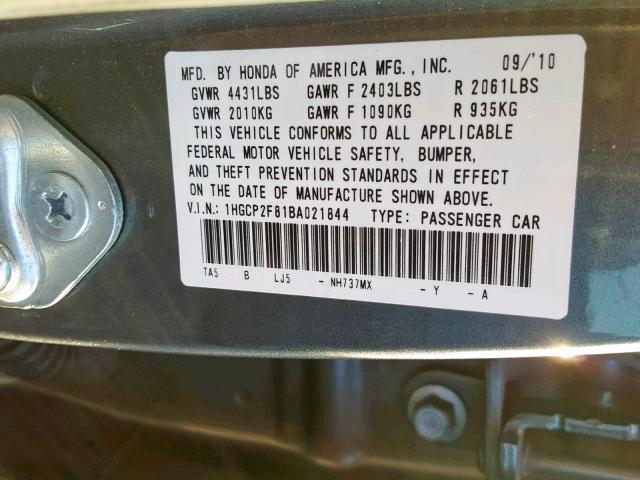 1HGCP2F81BA021844 - 2011 HONDA ACCORD EXL GRAY photo 10