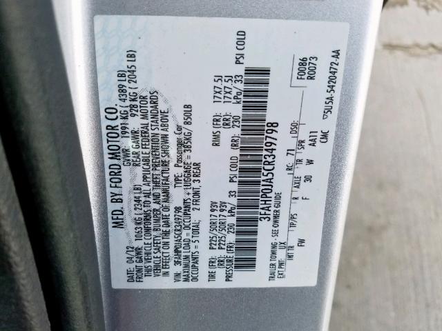 3FAHP0JA5CR349798 - 2012 FORD FUSION SEL SILVER photo 10