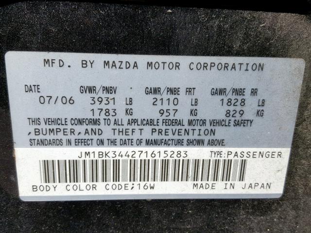 JM1BK344271615283 - 2007 MAZDA 3 HATCHBAC BLACK photo 10