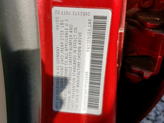 WVWBH63BX1P022646 - 2001 VOLKSWAGEN PASSAT GLX 红色 照片 10