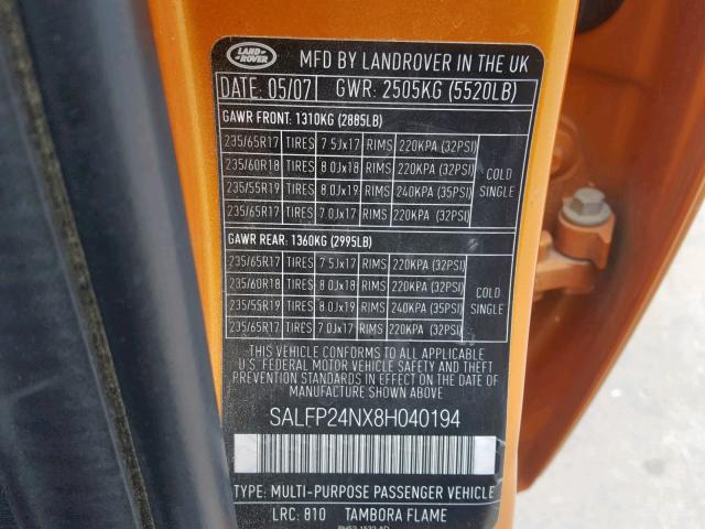 SALFP24NX8H040194 - 2008 LAND ROVER LR2 SE ORANGE photo 10