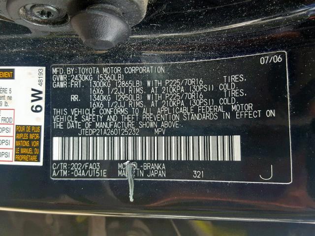 JTEDP21A260125232 - 2006 TOYOTA HIGHLANDER BLACK photo 10