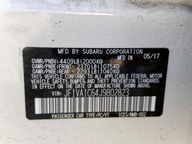 JF1VA1C64J9802823 - 2018 SUBARU WRX PREMIU WHITE photo 10