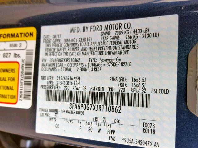 3FA6P0G7XJR110862 - 2018 FORD FUSION S BLUE photo 10