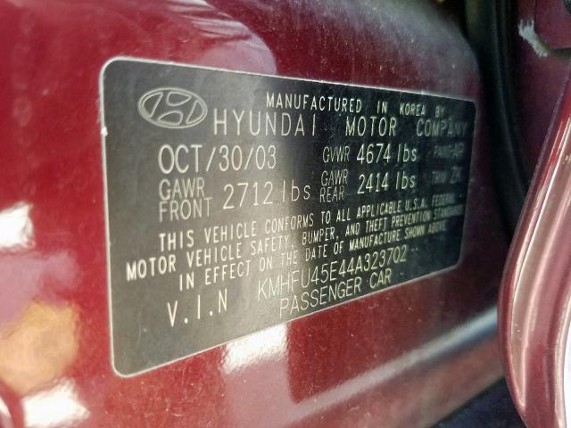 KMHFU45E44A323702 - 2004 HYUNDAI XG 350 MAROON photo 10