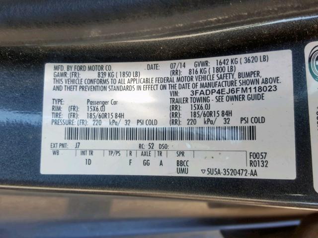 3FADP4EJ6FM118023 - 2015 FORD FIESTA SE GRAY photo 10