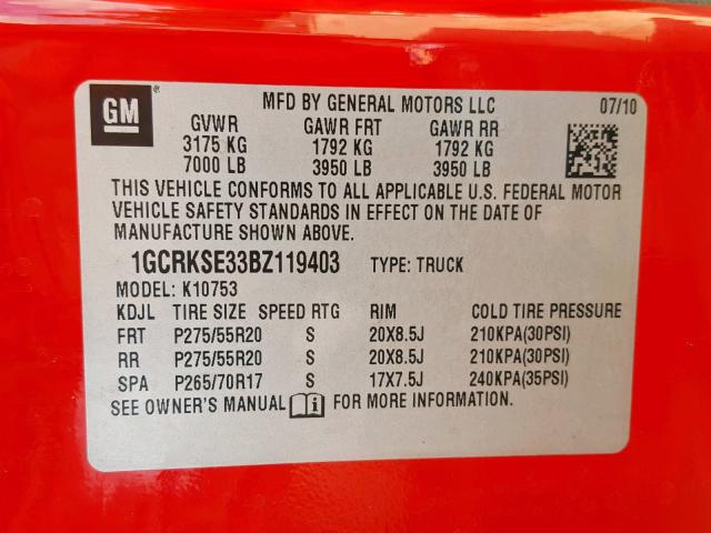 1GCRKSE33BZ119403 - 2011 CHEVROLET SILVERADO RED photo 10