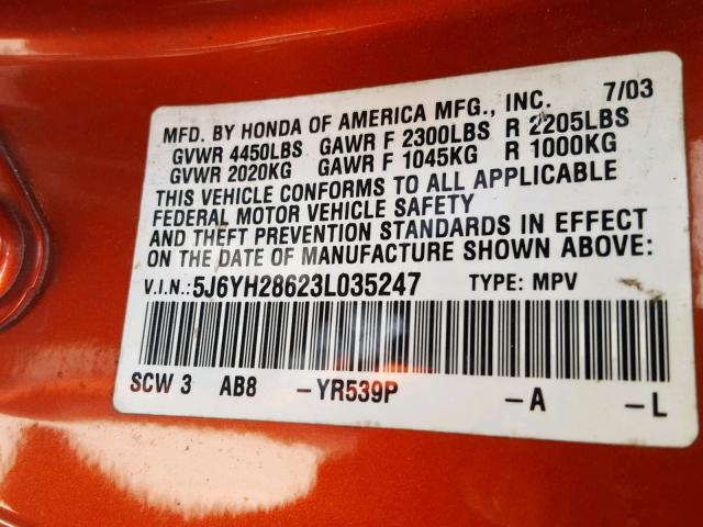 5J6YH28623L035247 - 2003 HONDA ELEMENT EX ORANGE photo 10