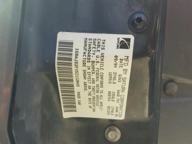 1G8AJ52FX5Z112043 - 2005 SATURN ION LEVEL CHARCOAL photo 10