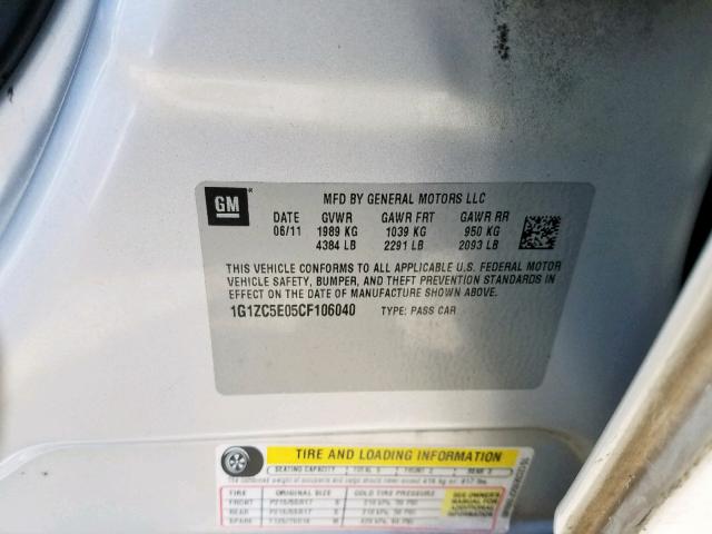 1G1ZC5E05CF106040 - 2012 CHEVROLET MALIBU 1LT 银色 照片 10