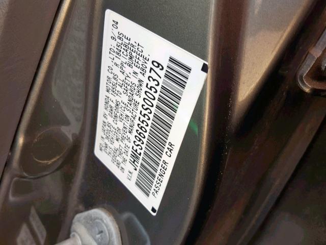 JHMES96655S005379 - 2005 HONDA CIVIC HYBR GRAY photo 10