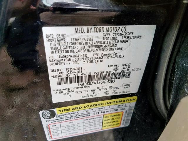 1FMDK07W18GA14283 - 2008 FORD TAURUS X E BLACK photo 10