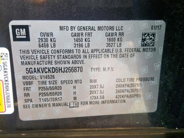 5GAKVCKD6HJ266870 - 2017 BUICK ENCLAVE GRAY photo 10