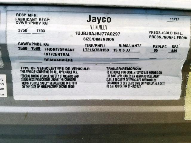 1UJBJ0AJ6J77A0297 - 2018 JAYCO JAYFLIGHT  WHITE photo 10