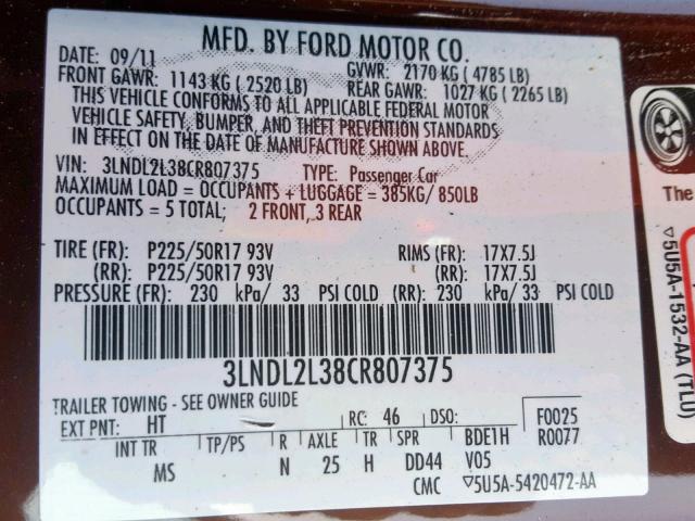 3LNDL2L38CR807375 - 2012 LINCOLN MKZ HYBRID BURGUNDY photo 10