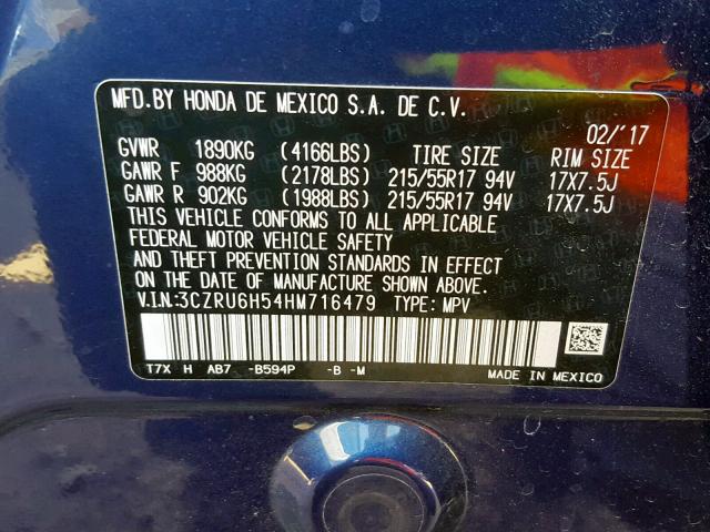 3CZRU6H54HM716479 - 2017 HONDA HR-V EX BLUE photo 10