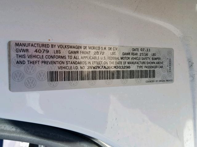 3VW2K7AJ6CM303298 - 2012 VOLKSWAGEN JETTA BASE WHITE photo 10