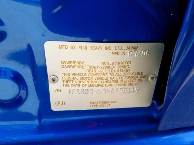 JF1GD79676G503114 - 2006 SUBARU IMPREZA WR BLUE photo 10